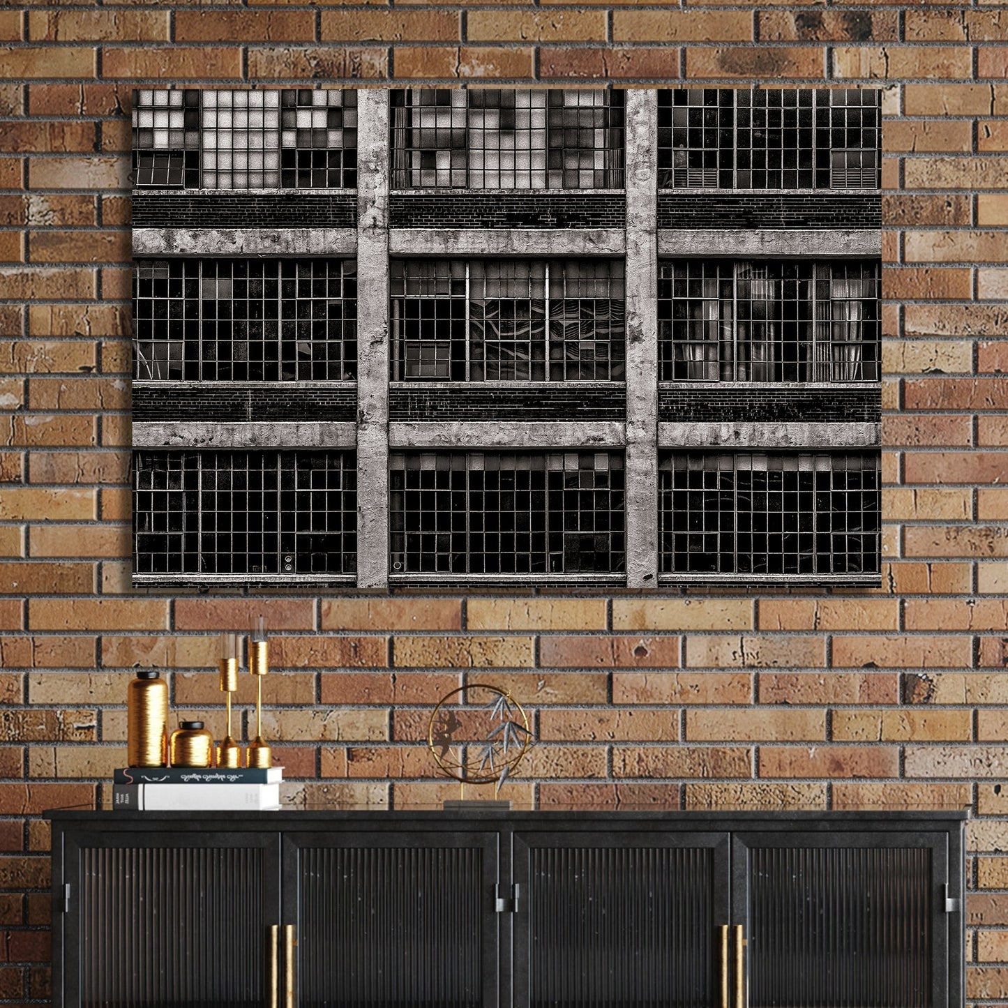 black and white industrial building with broken window panes and symmetrical grid layout
