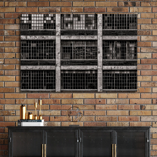 black and white industrial building with broken window panes and symmetrical grid layout