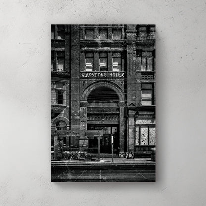 vintage black and white photo of Gladstone Hotel entrance in Toronto with distressed old film effect