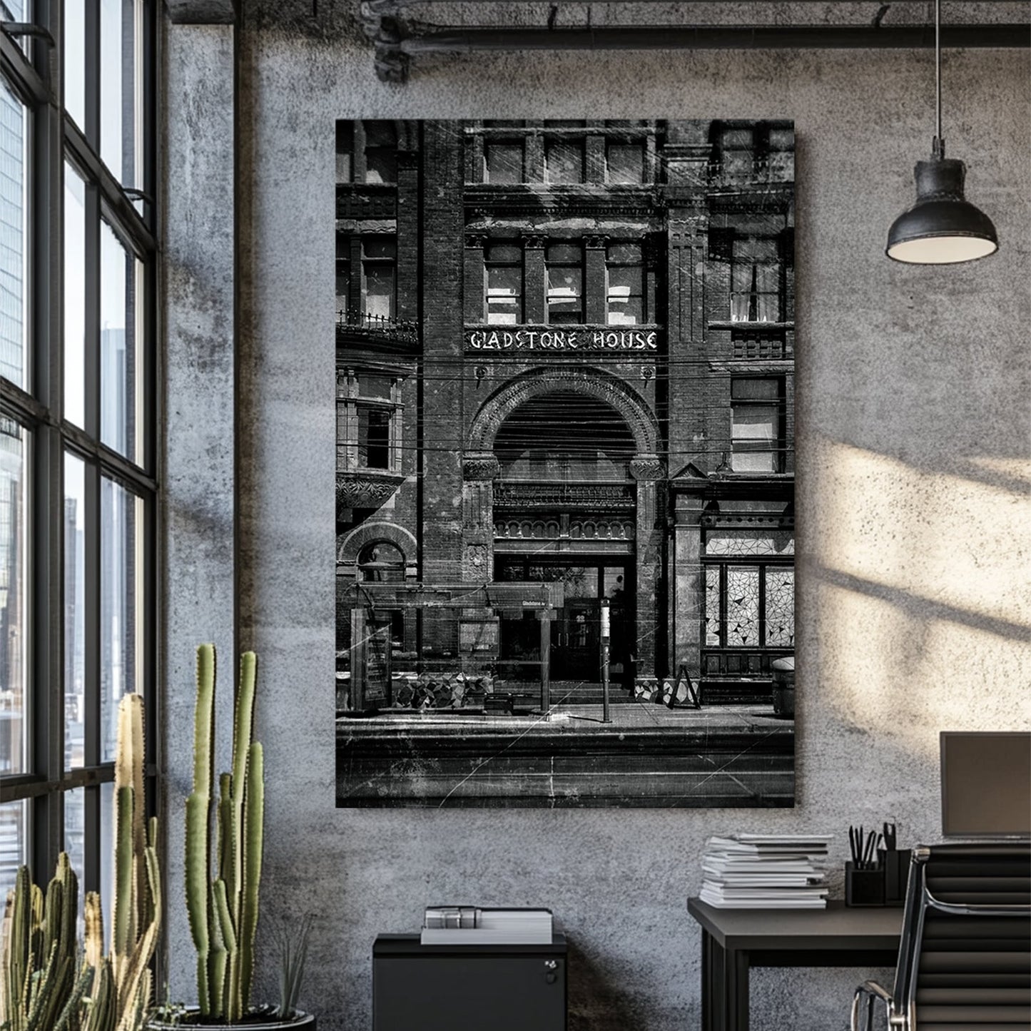 vintage black and white photo of Gladstone Hotel entrance in Toronto with distressed old film effect