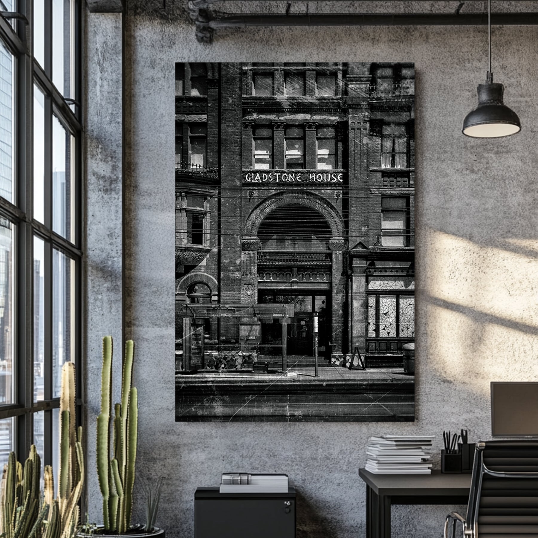 vintage black and white photo of Gladstone Hotel entrance in Toronto with distressed old film effect
