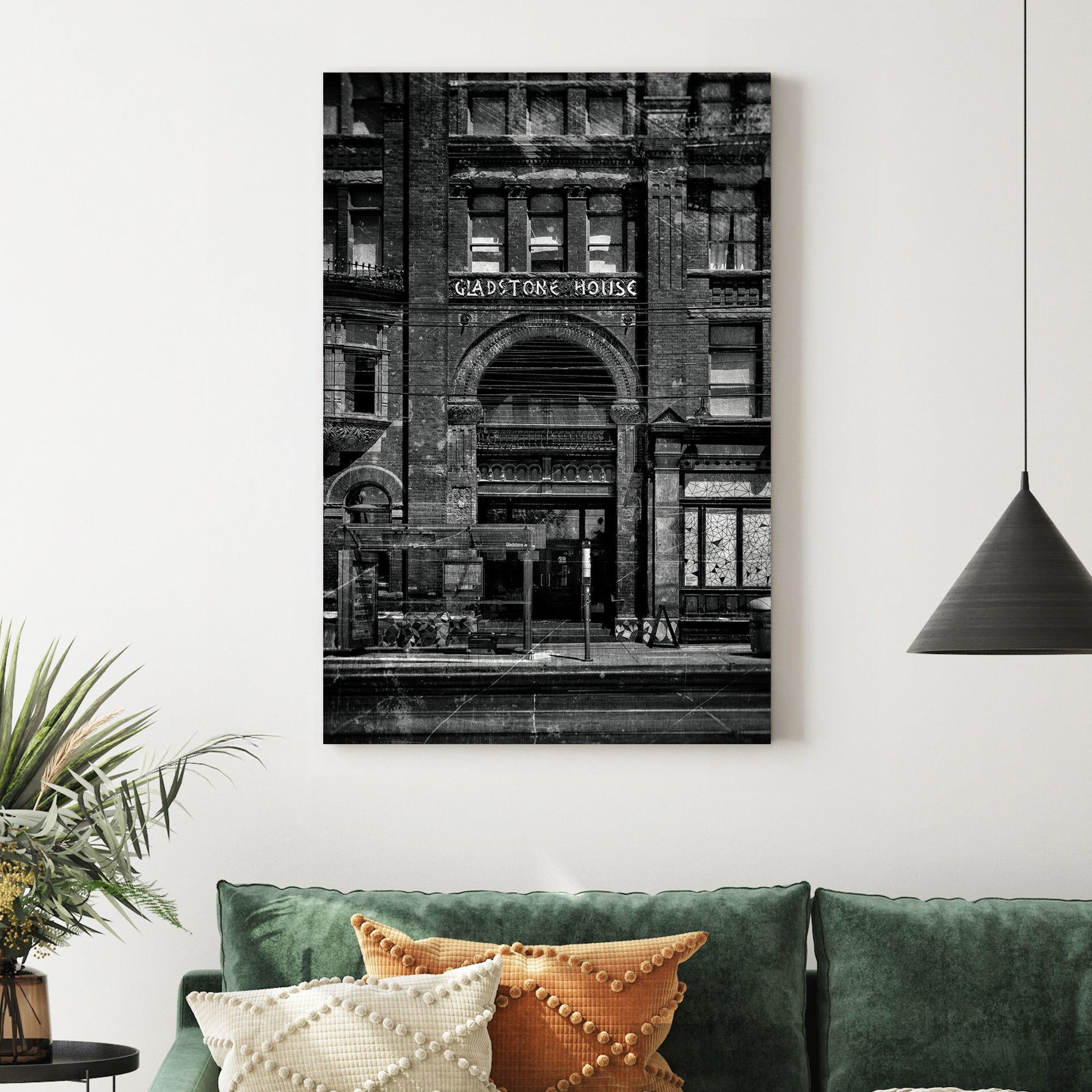 vintage black and white photo of Gladstone Hotel entrance in Toronto with distressed old film effect