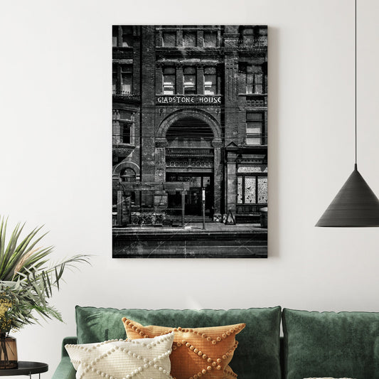 vintage black and white photo of Gladstone Hotel entrance in Toronto with distressed old film effect