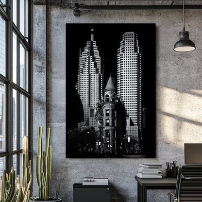 black and white image of Toronto Flatiron building with downtown skyscrapers in background