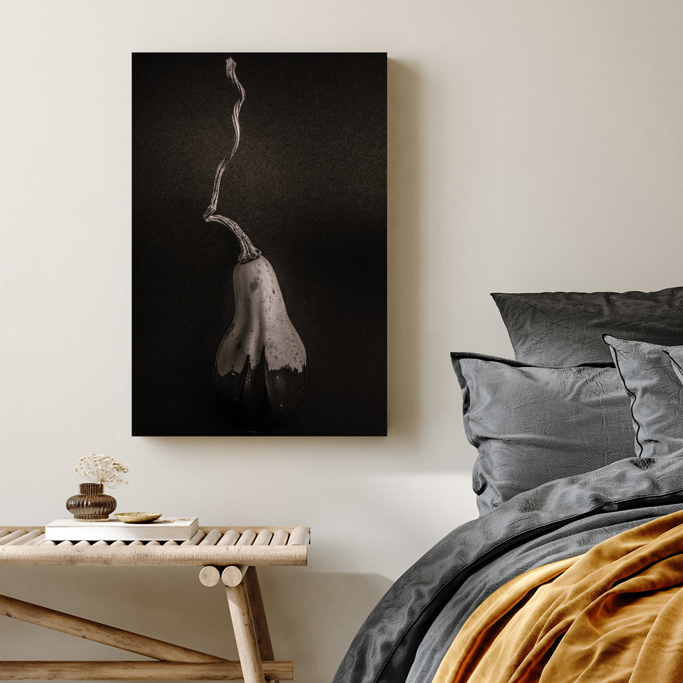 minimalist black and white gourd with long twisted stem