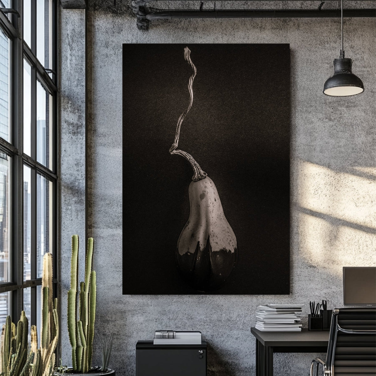 minimalist black and white gourd with long twisted stem