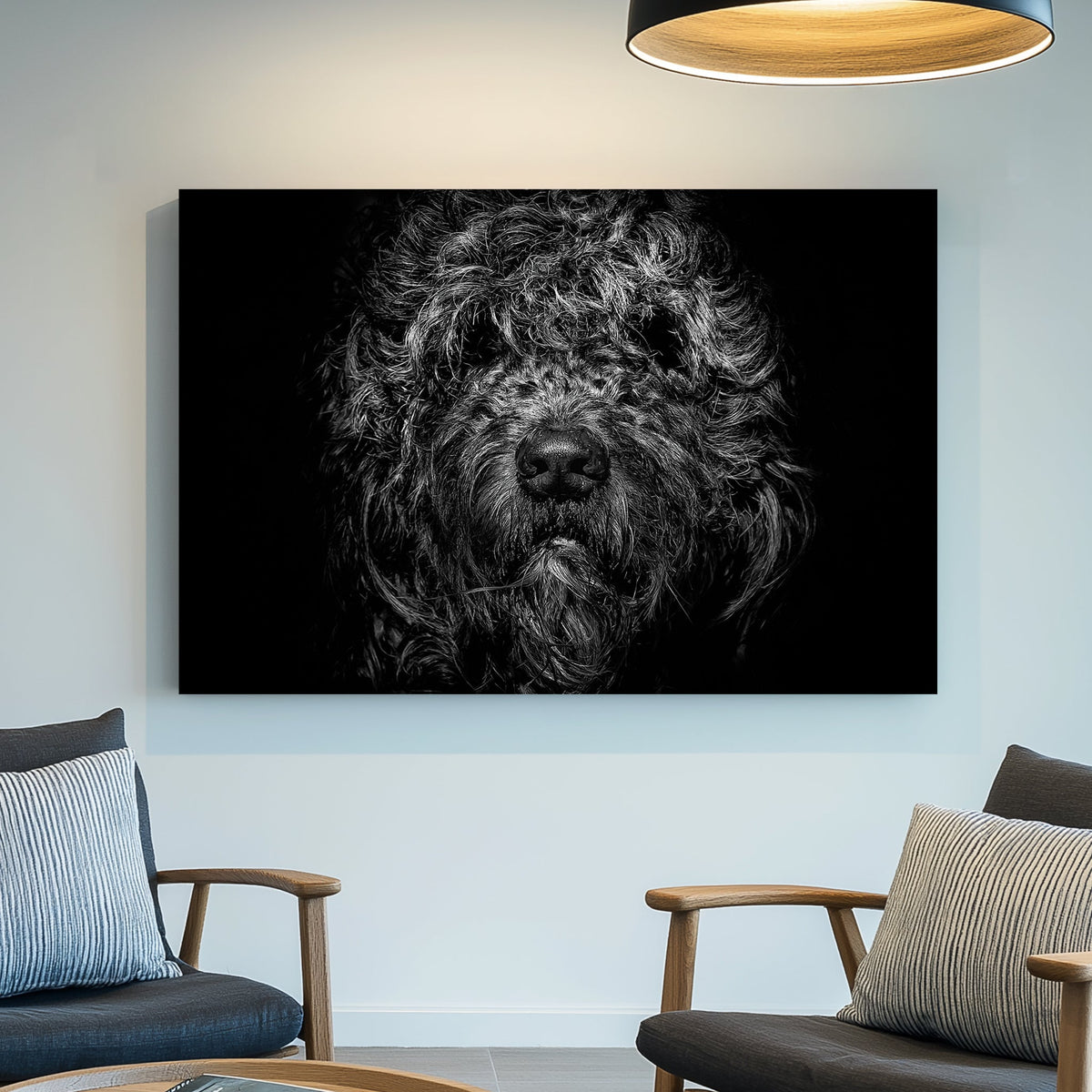 black and white shaggy dog close-up with dramatic lighting