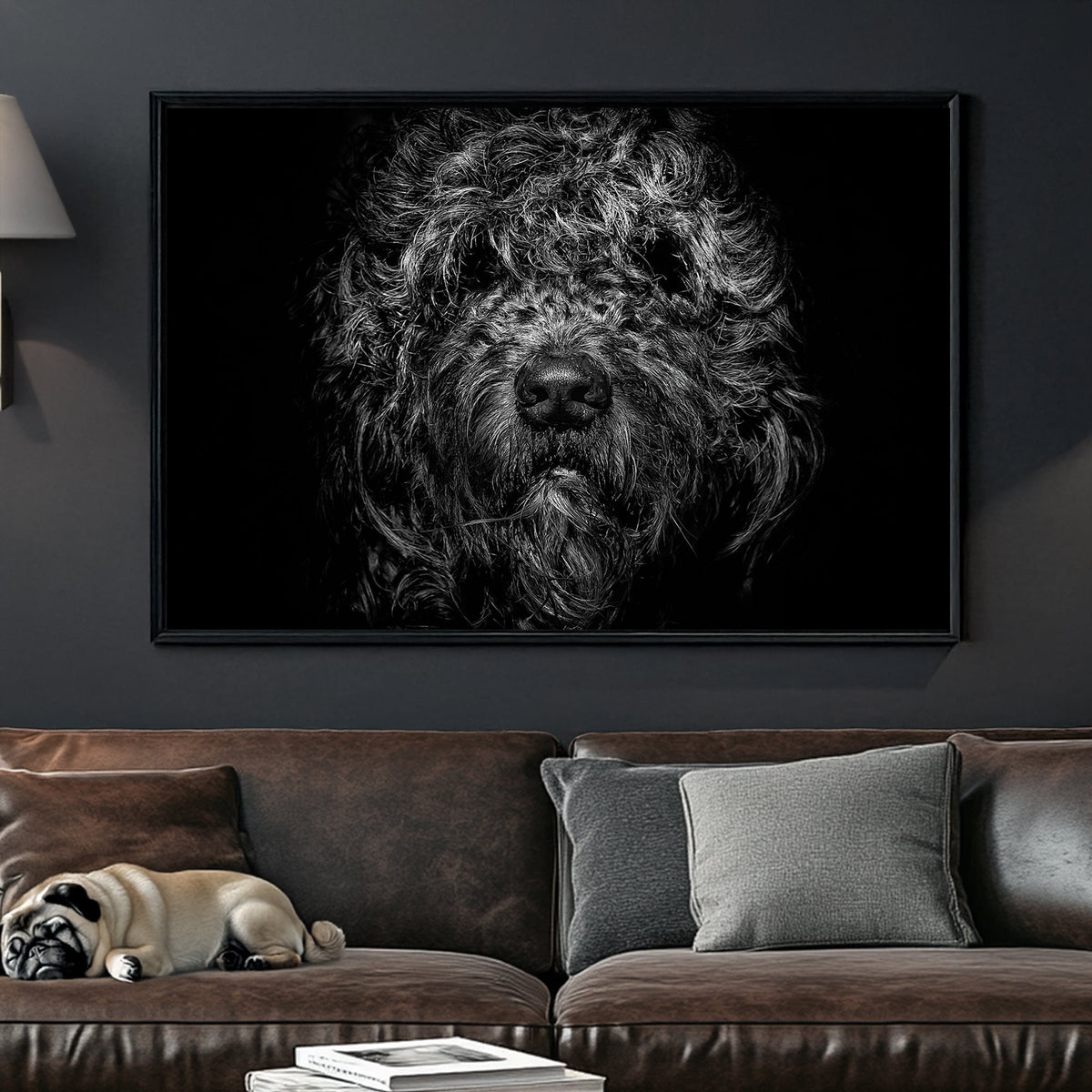 black and white shaggy dog close-up with dramatic lighting