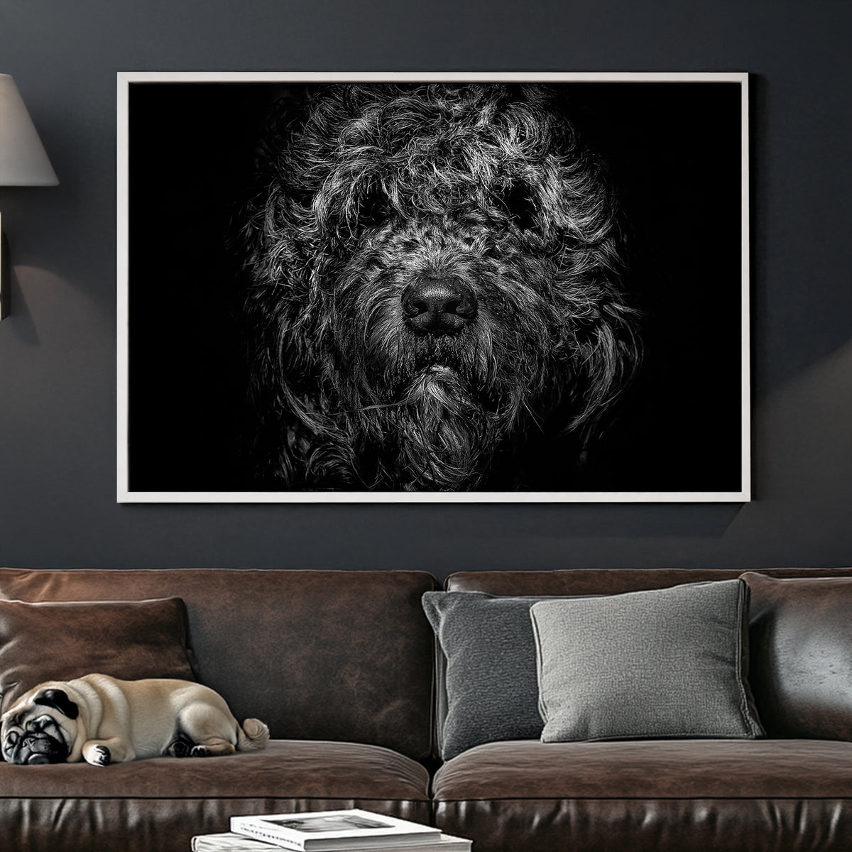 black and white shaggy dog close-up with dramatic lighting