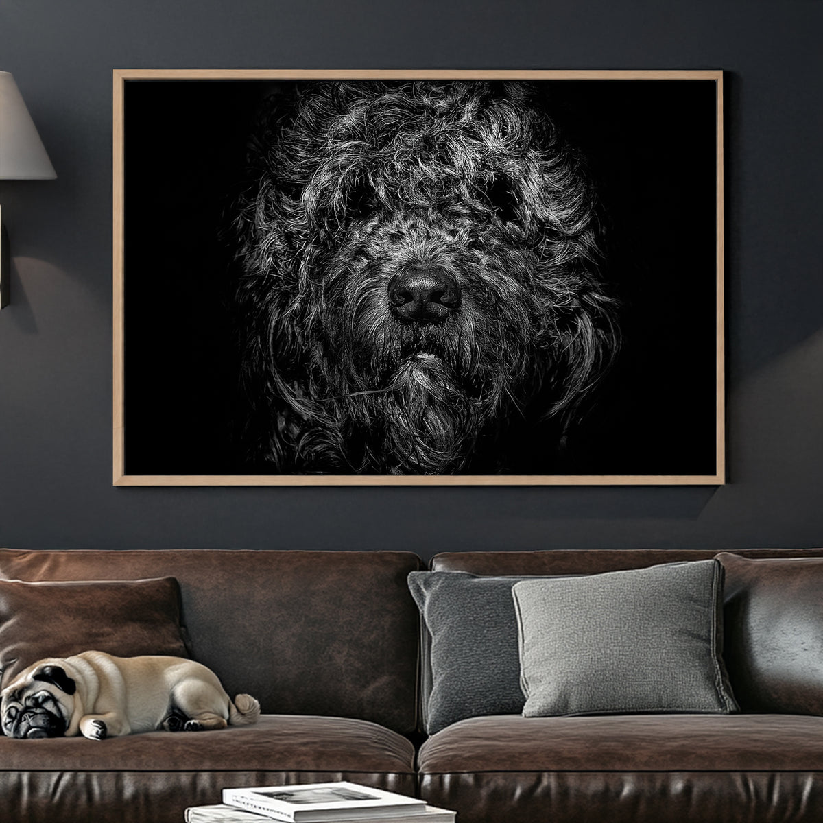 black and white shaggy dog close-up with dramatic lighting