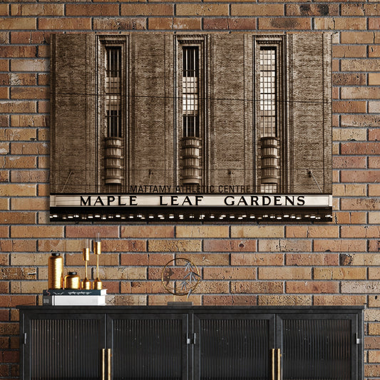 sepia maple leaf gardens toronto wall art with vintage arena sign