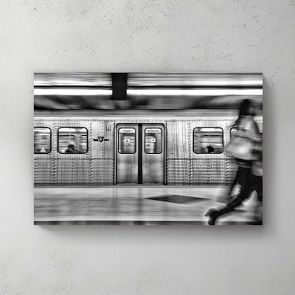 black and white TTC subway motion blur wall art in Toronto station
