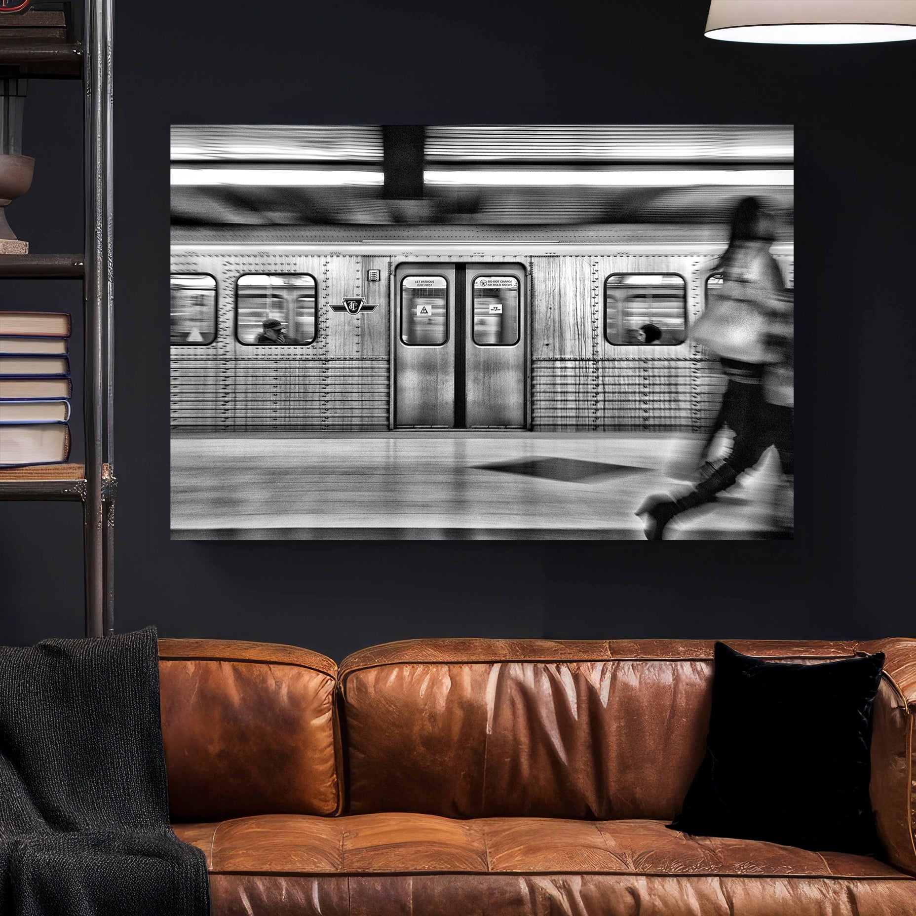 black and white TTC subway motion blur wall art in Toronto station
