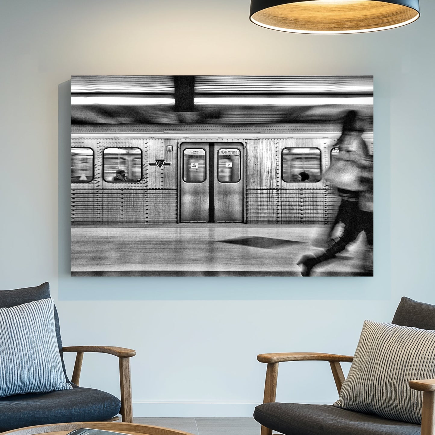 black and white TTC subway motion blur wall art in Toronto station
