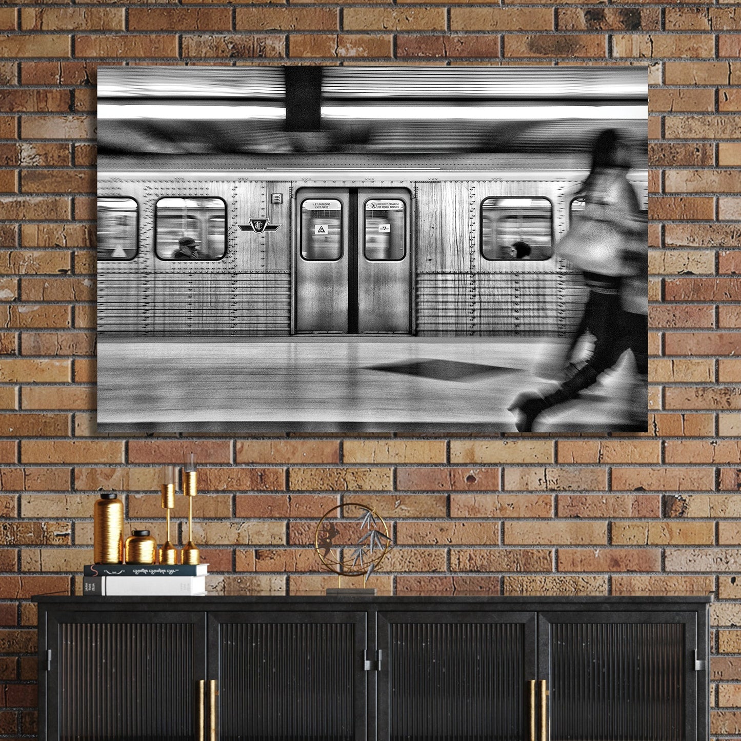 black and white TTC subway motion blur wall art in Toronto station