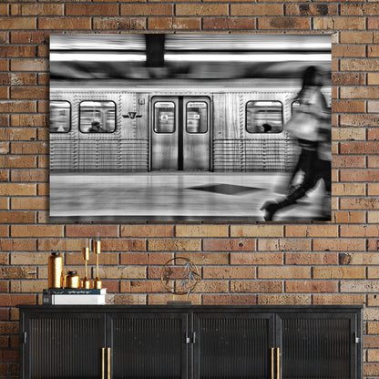 black and white TTC subway motion blur wall art in Toronto station