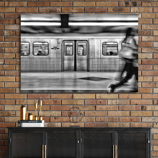 black and white TTC subway motion blur wall art in Toronto station