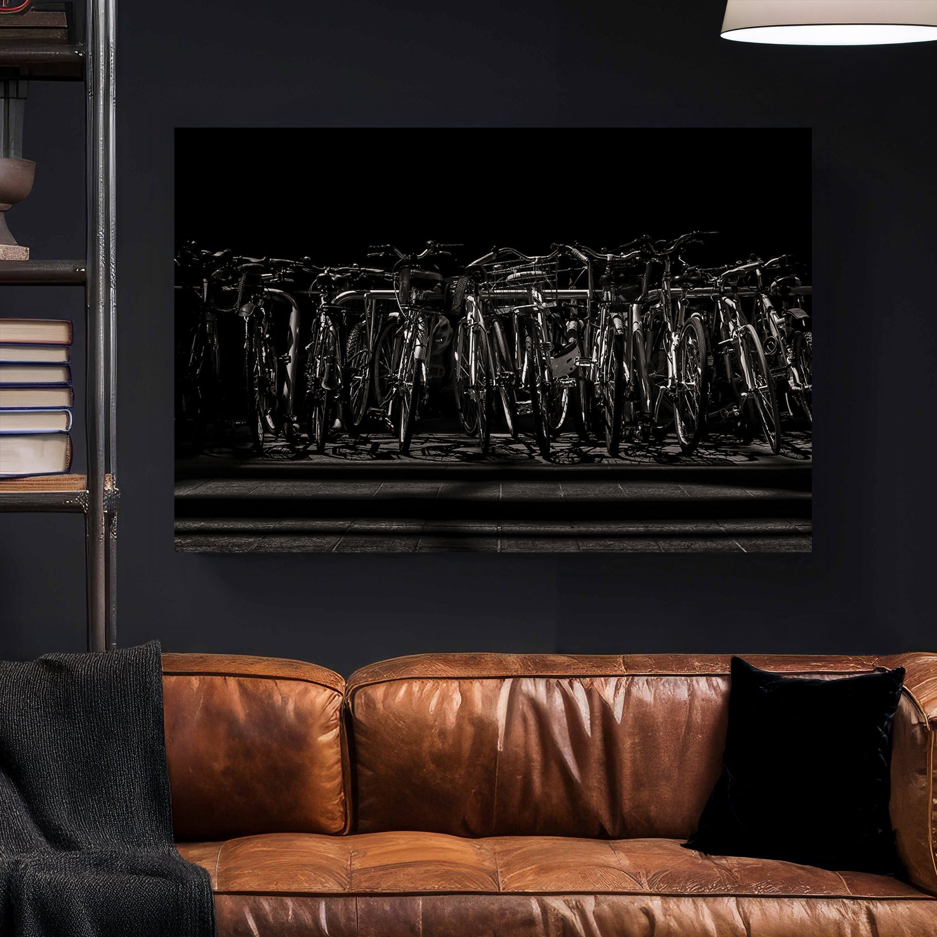 black and white urban bicycle rack wall art in dramatic shadows