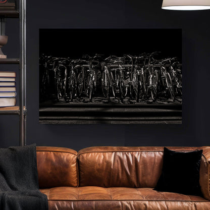 black and white urban bicycle rack wall art in dramatic shadows