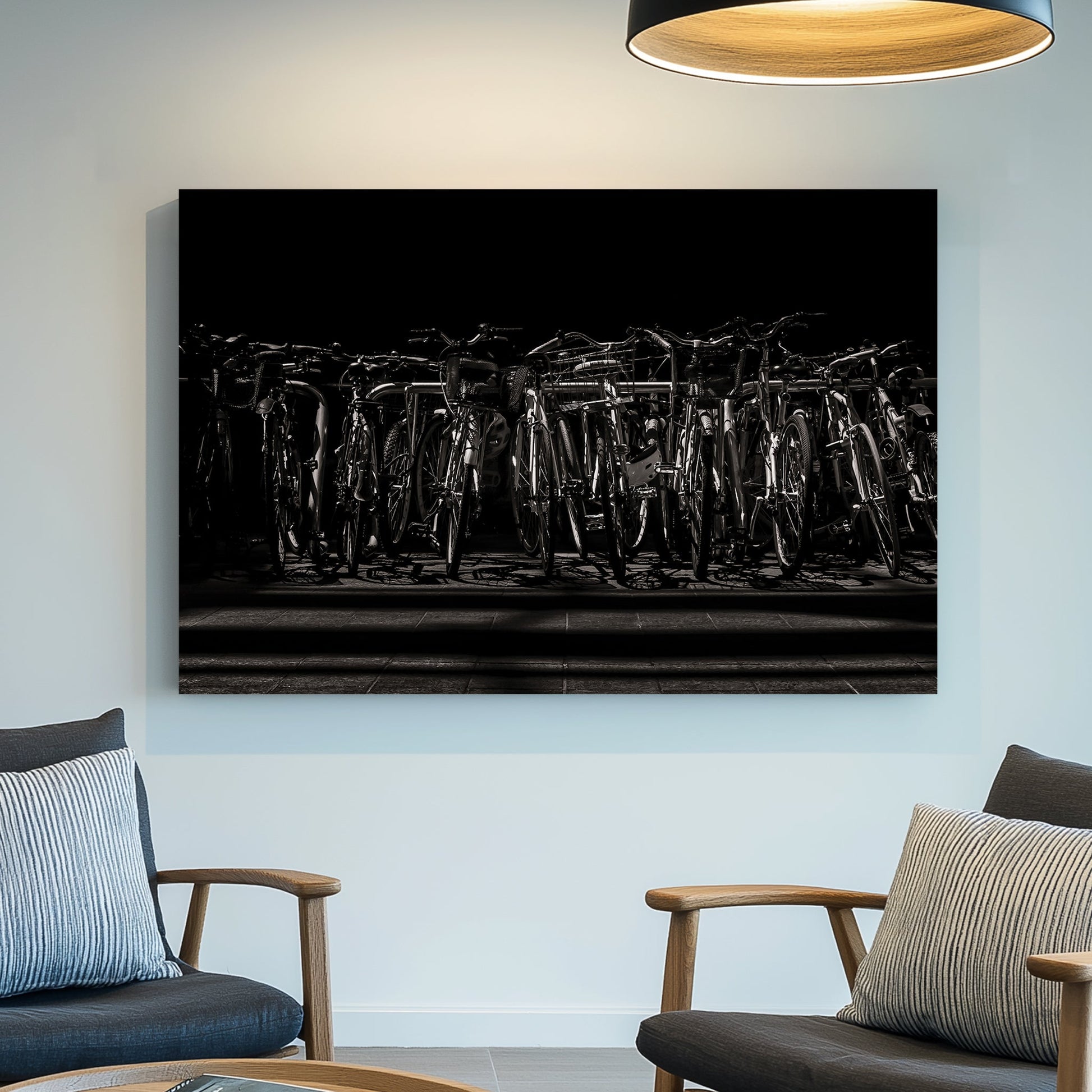 black and white urban bicycle rack wall art in dramatic shadows
