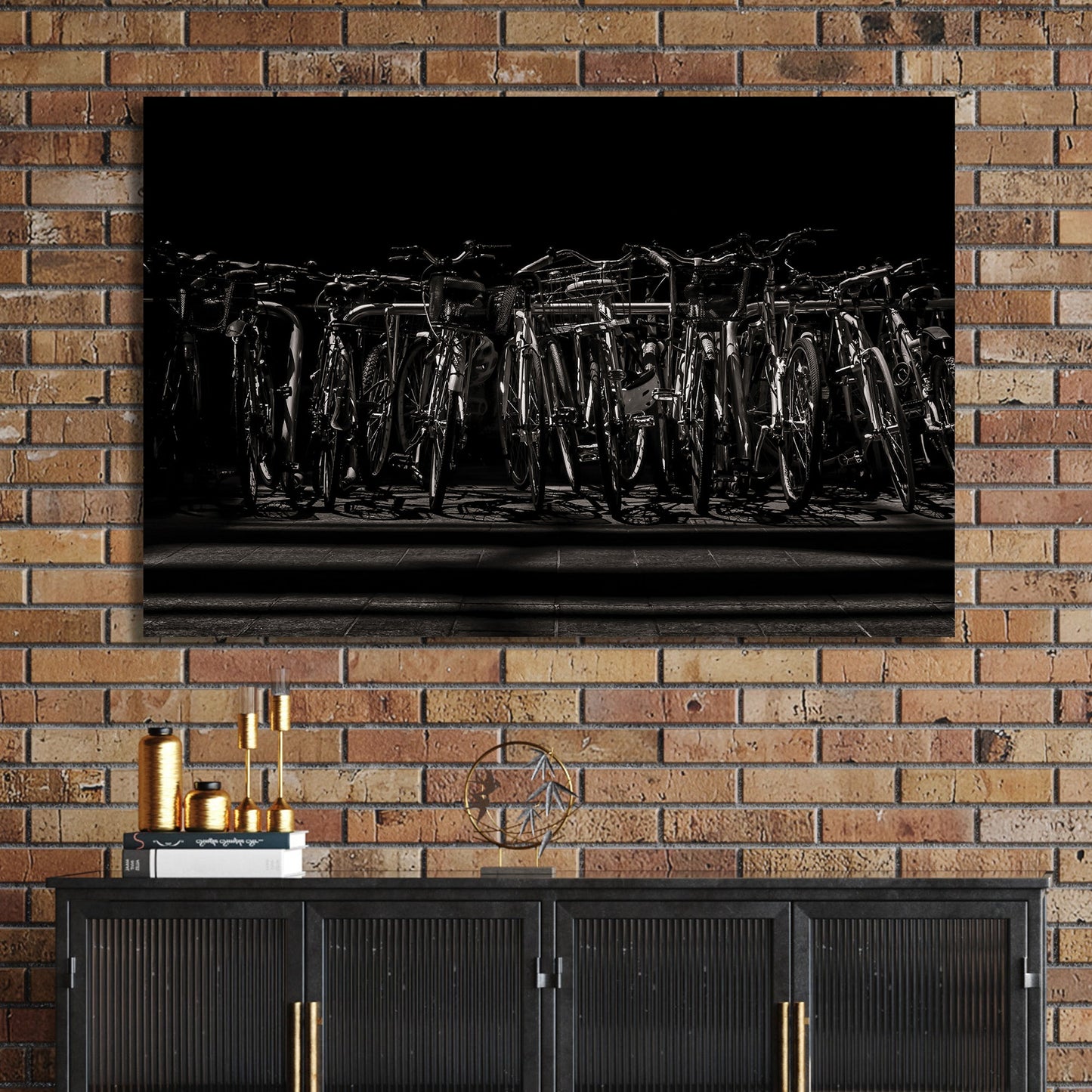 black and white urban bicycle rack wall art in dramatic shadows