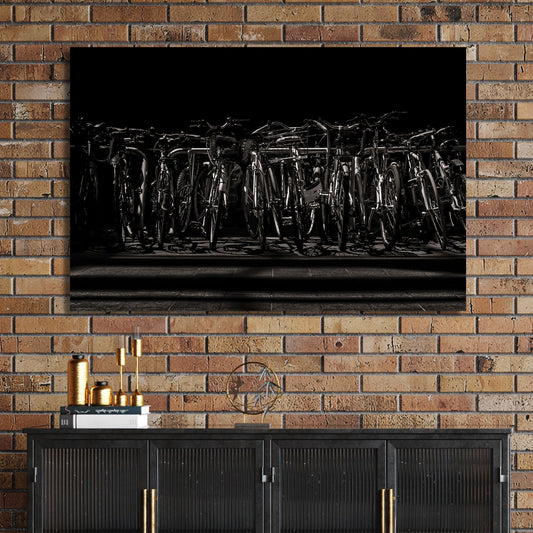 black and white urban bicycle rack wall art in dramatic shadows