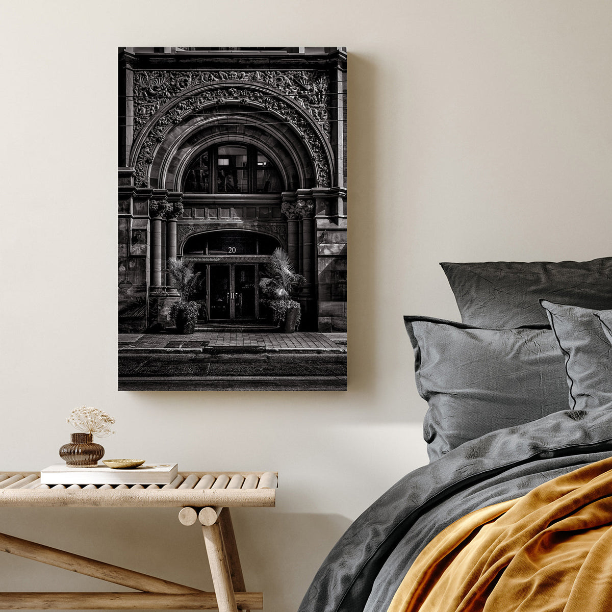 ornate Toronto stone building entrance wall art in black and white