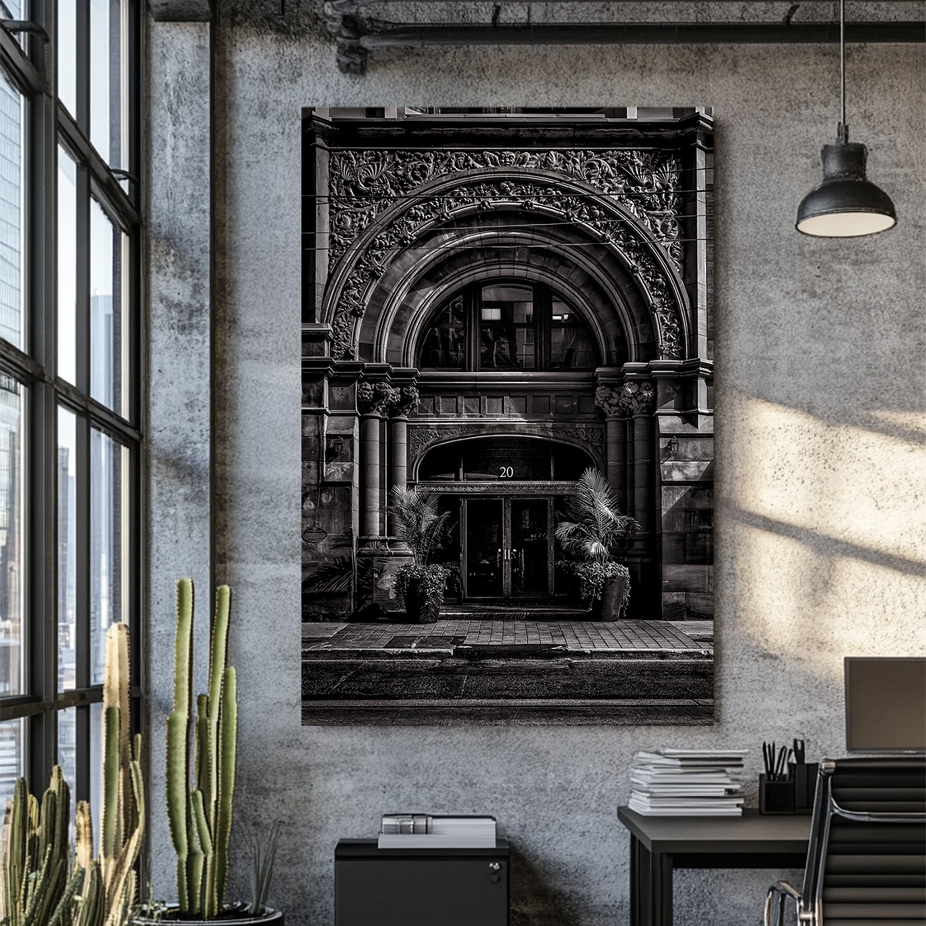 ornate Toronto stone building entrance wall art in black and white