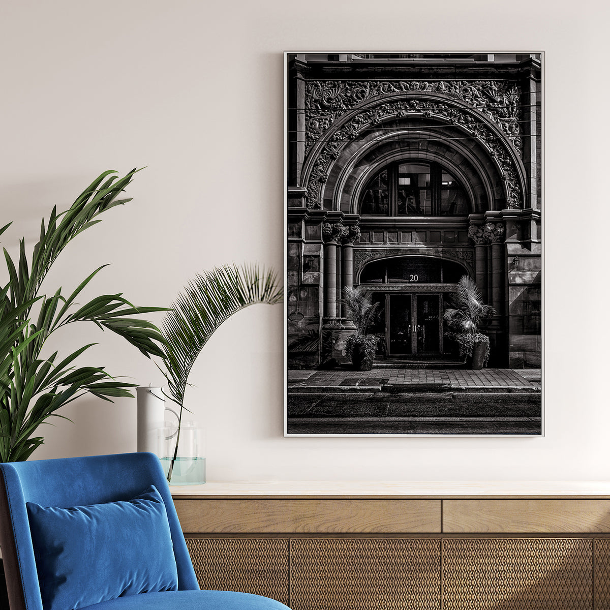 ornate Toronto stone building entrance wall art in black and white
