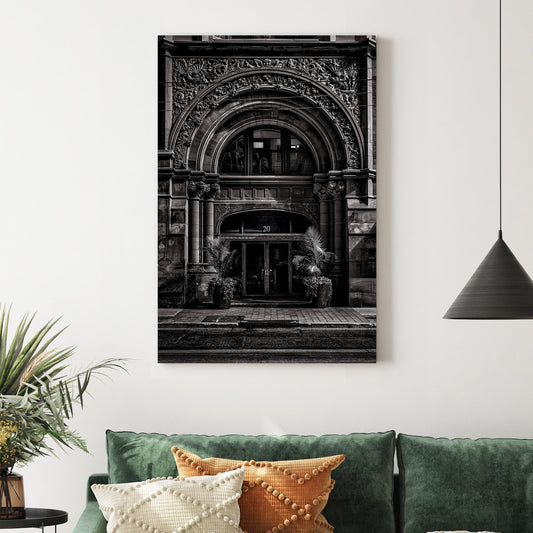 ornate Toronto stone building entrance wall art in black and white