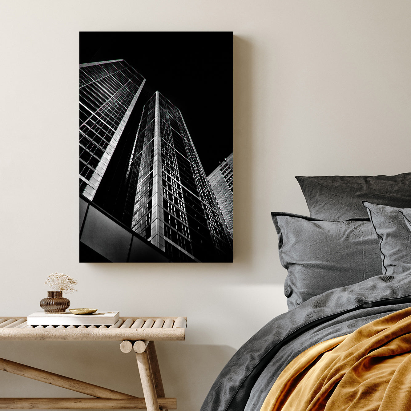 modern city skyscraper architecture wall art in black and white