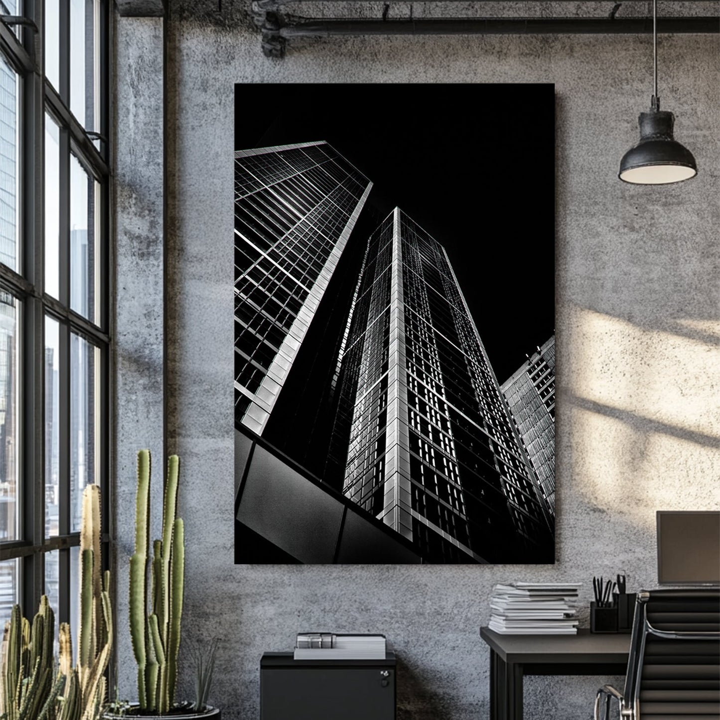 modern city skyscraper architecture wall art in black and white