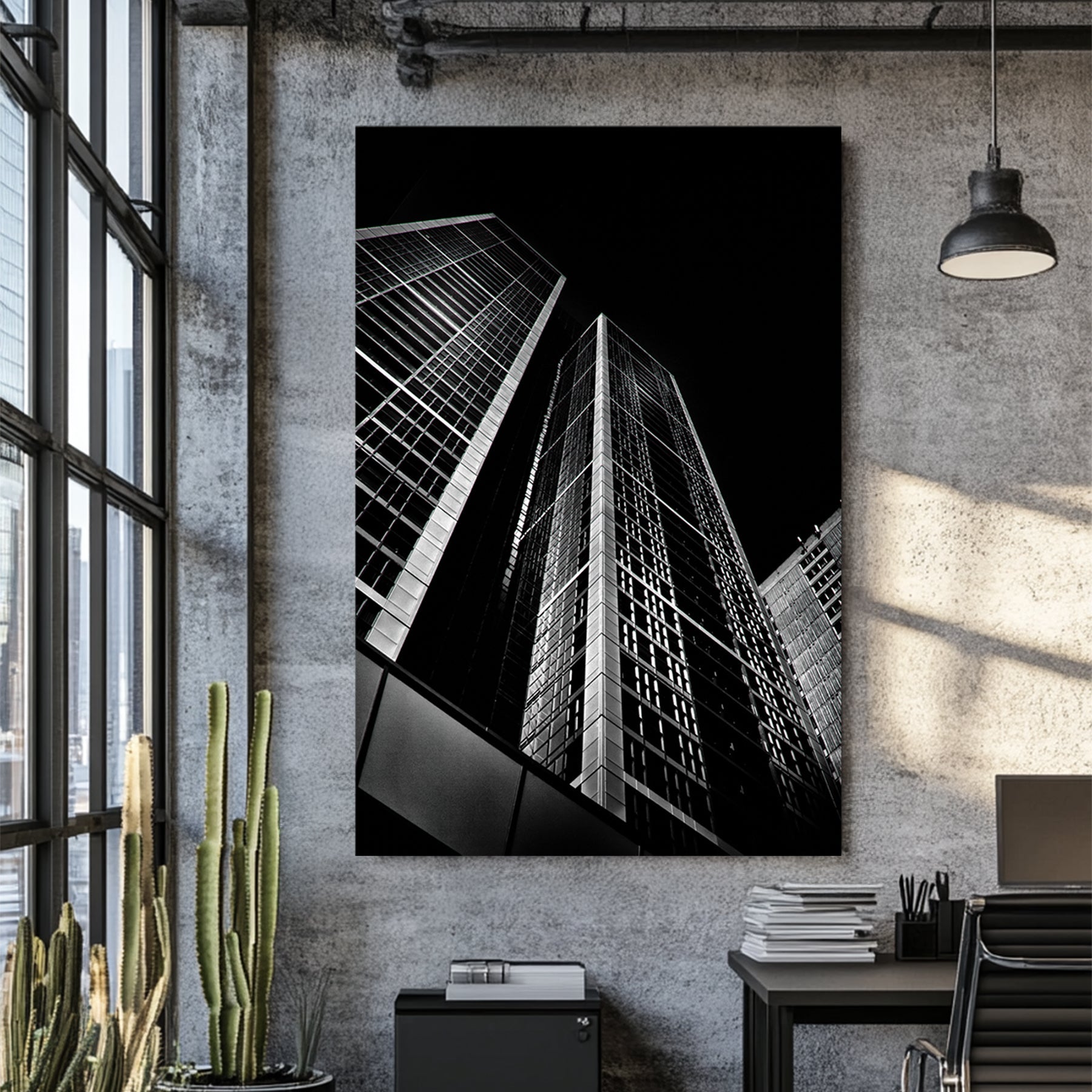 modern city skyscraper architecture wall art in black and white