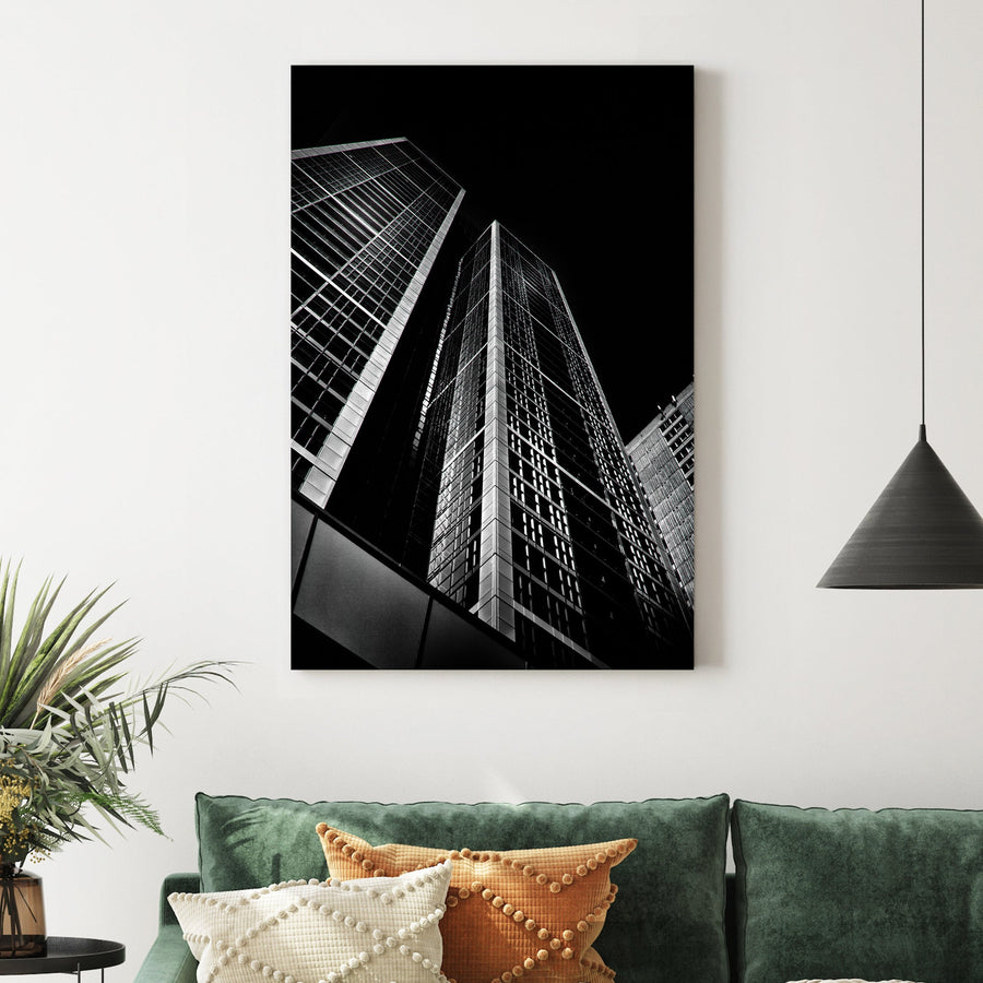 modern city skyscraper architecture wall art in black and white