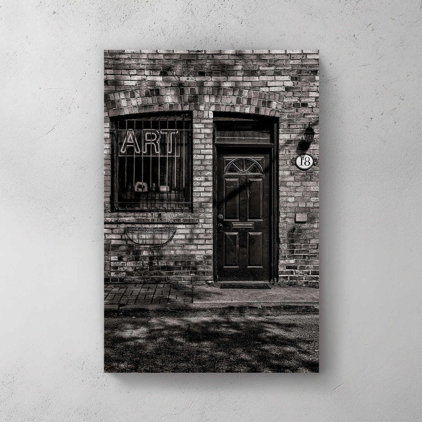 brick building art sign wall art in black and white