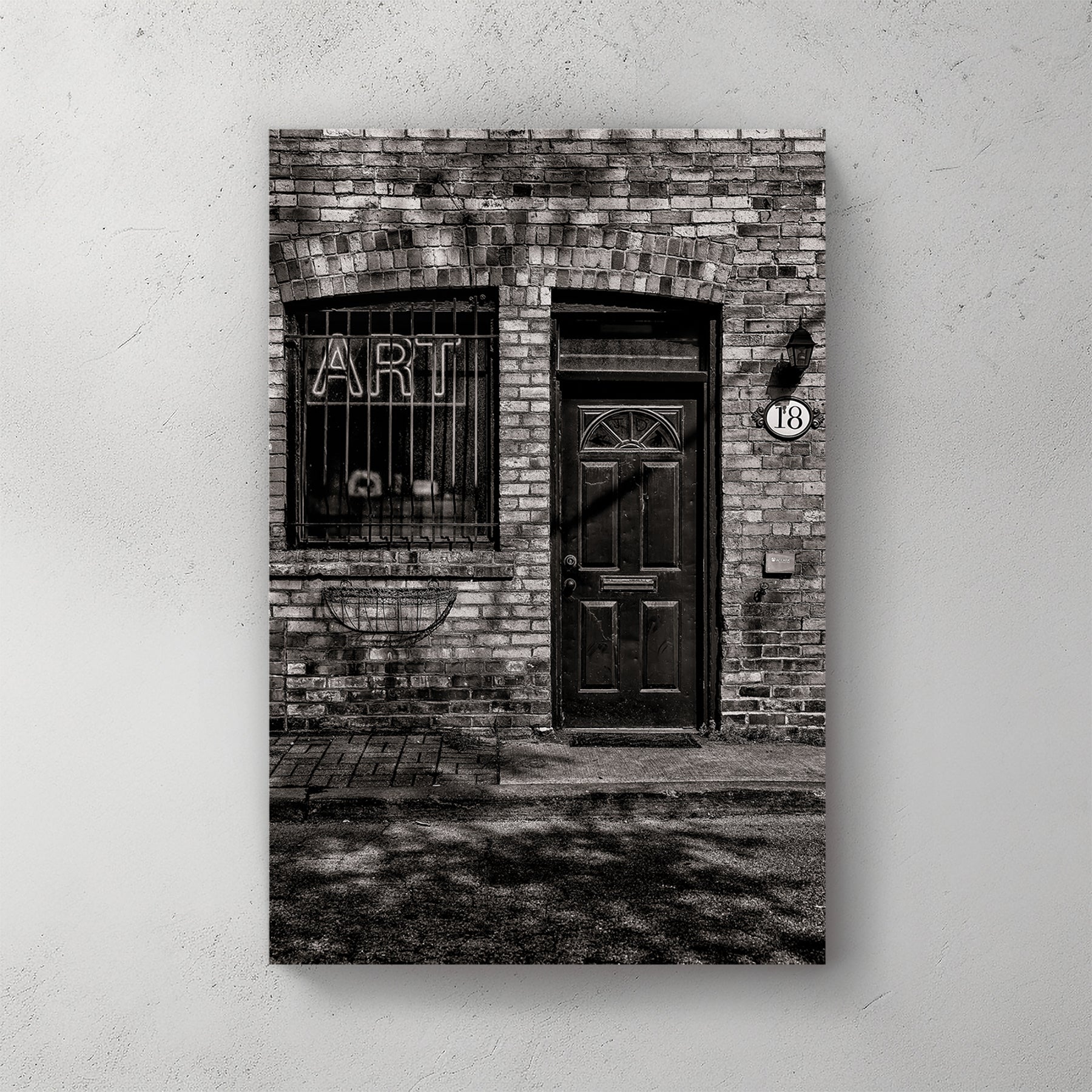 brick building art sign wall art in black and white