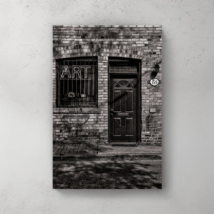 brick building art sign wall art in black and white