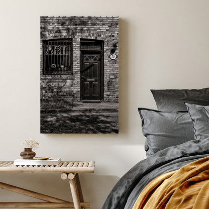 brick building art sign wall art in black and white