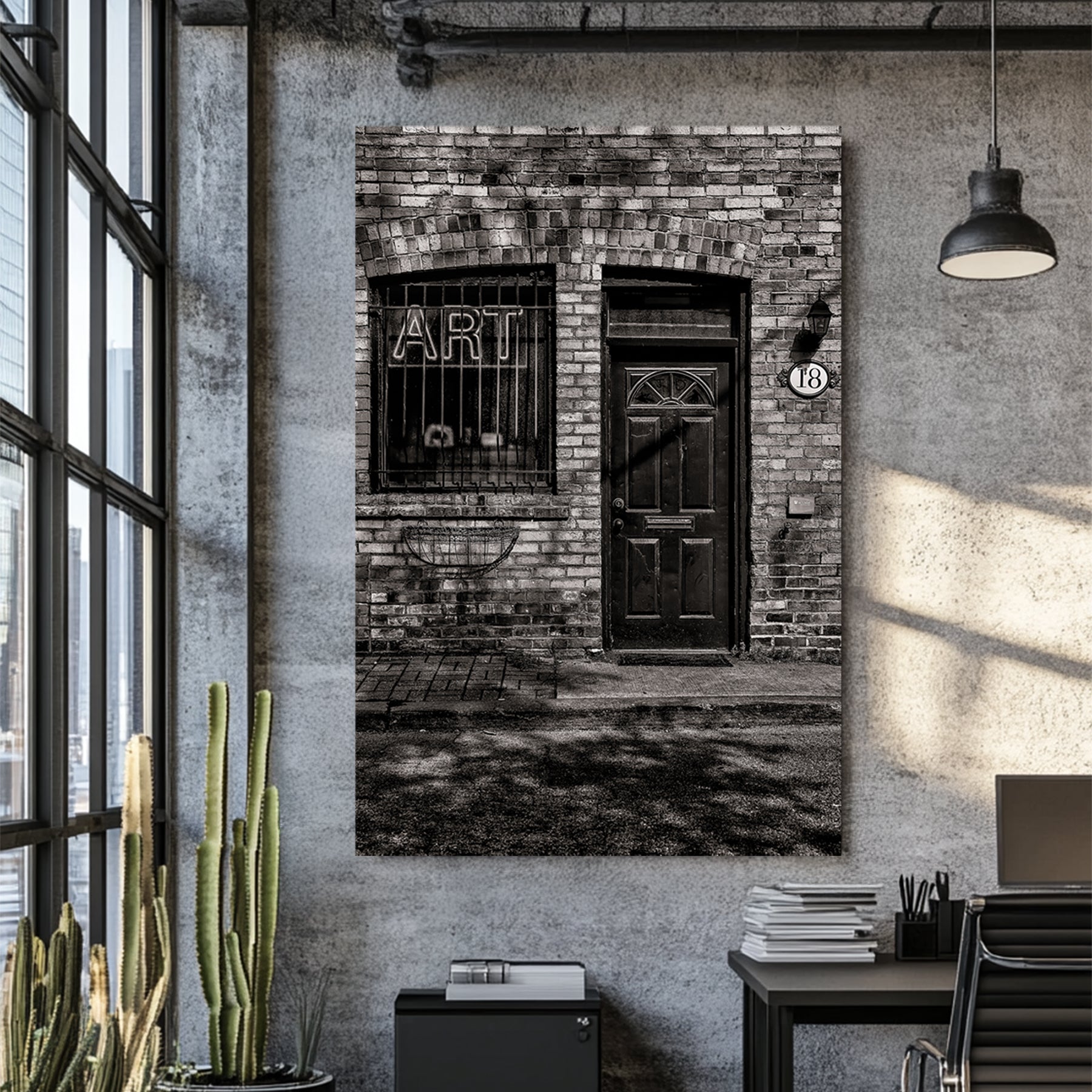brick building art sign wall art in black and white