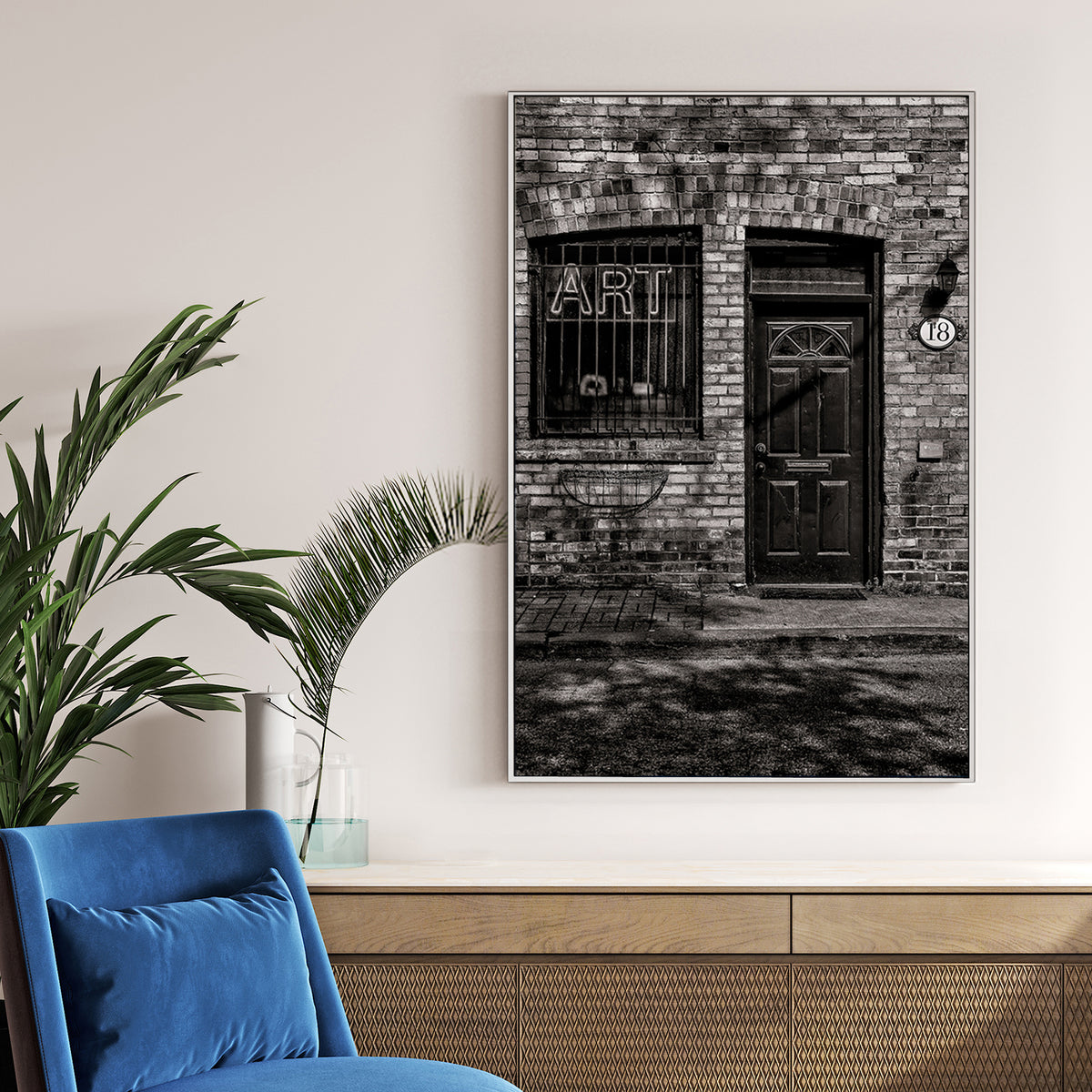 brick building art sign wall art in black and white