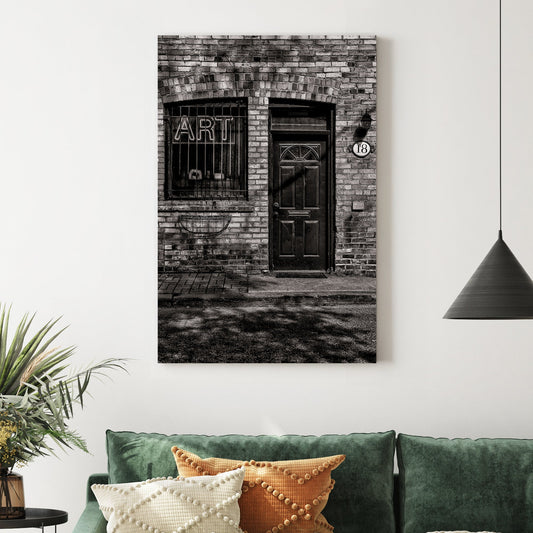 brick building art sign wall art in black and white