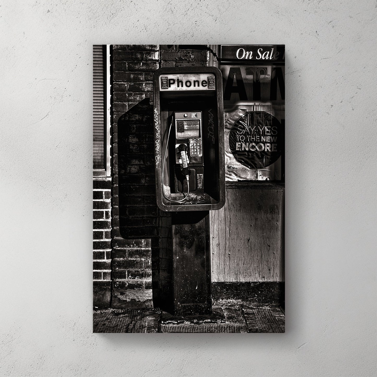 gritty payphone black and white urban wall art