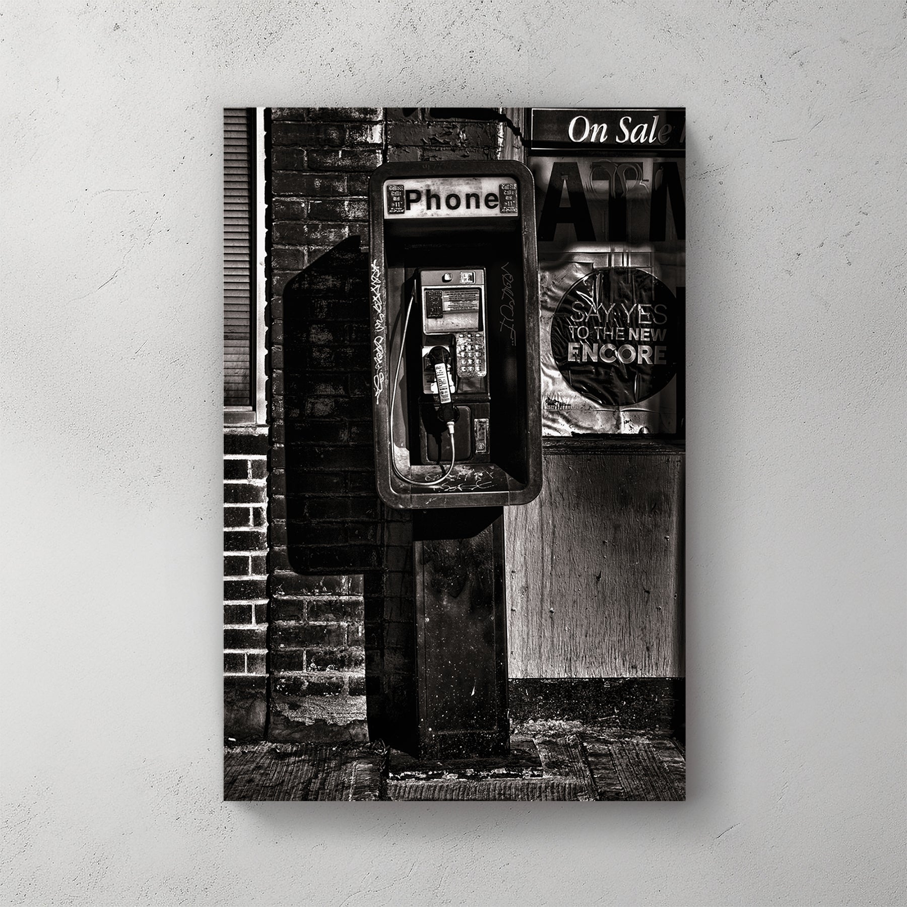 gritty payphone black and white urban wall art