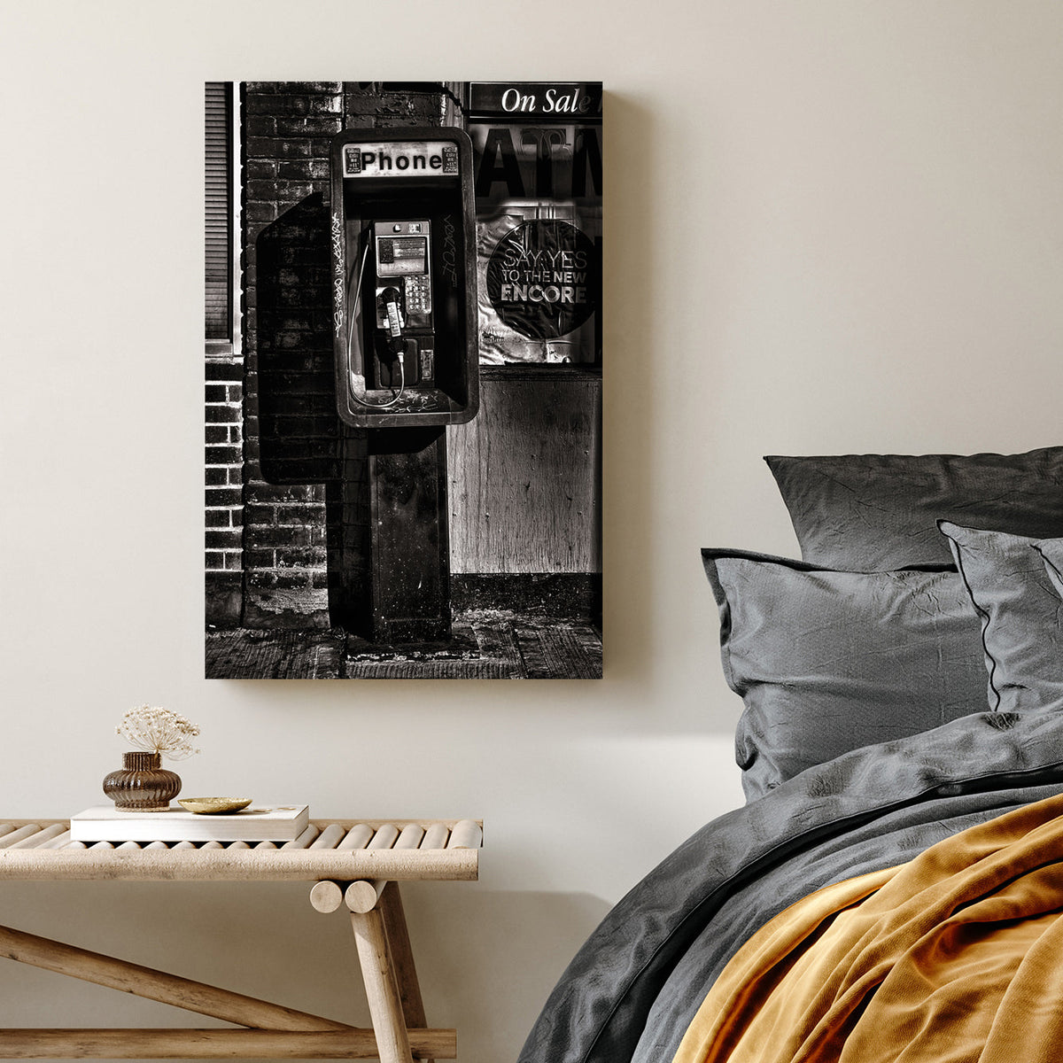 gritty payphone black and white urban wall art