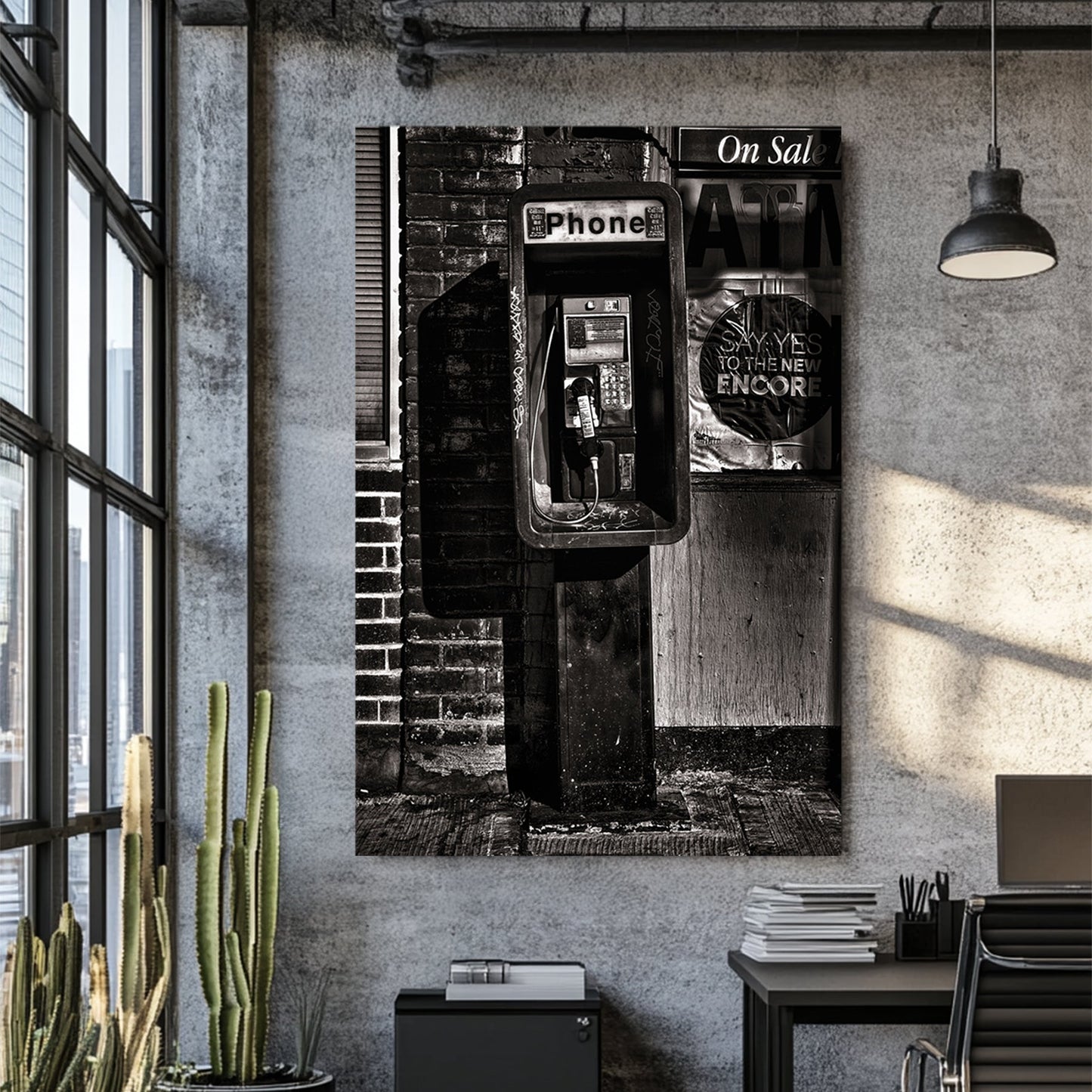 gritty payphone black and white urban wall art
