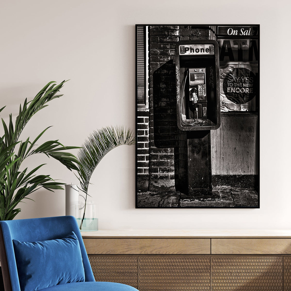 gritty payphone black and white urban wall art