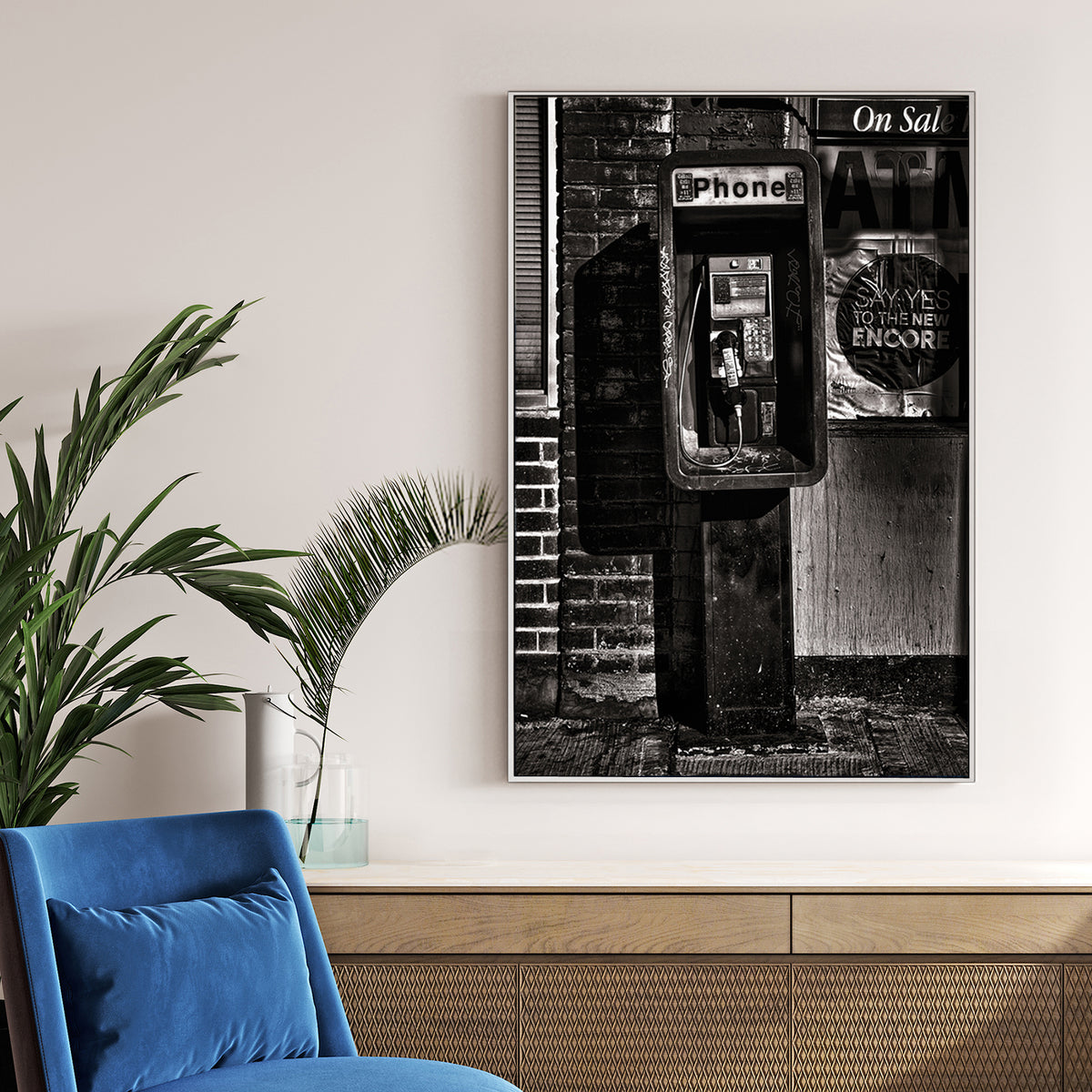 gritty payphone black and white urban wall art