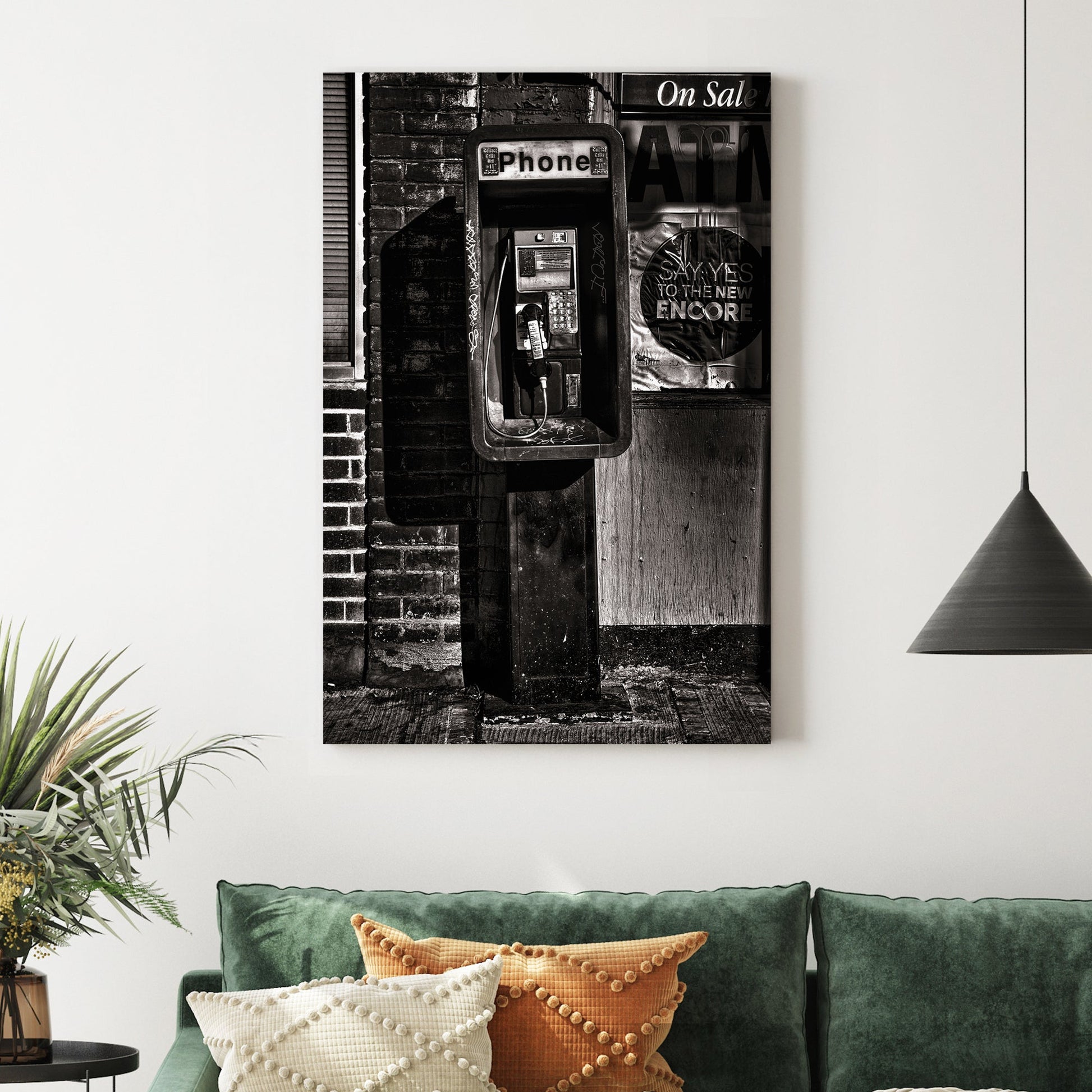 gritty payphone black and white urban wall art