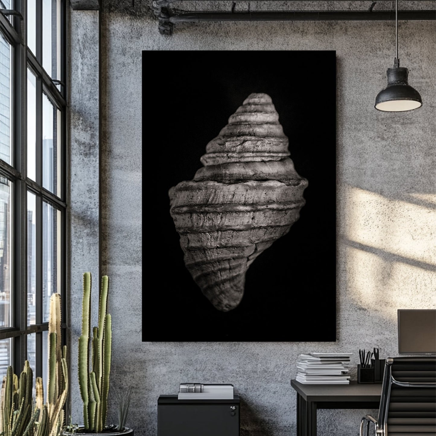 black and white photo of spiral seashell with textured detail