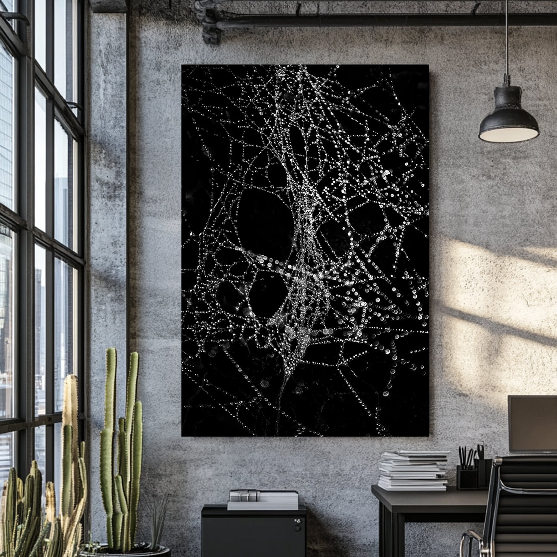 black and white photo of spiderweb covered in dew droplets